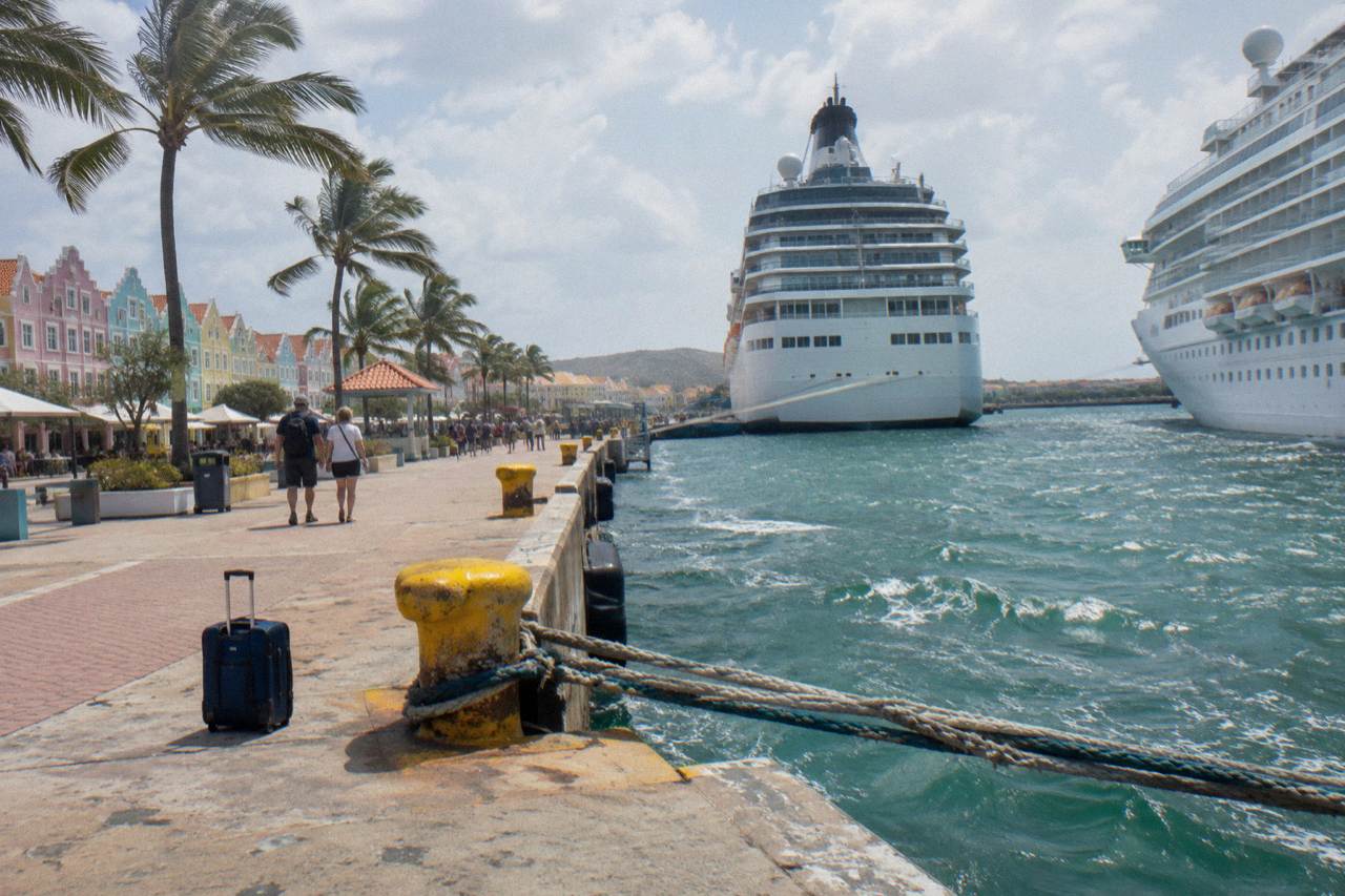 Cruise ships docked at a waterfront terminal beside a sunny Caribbean street with palm trees and low buildings