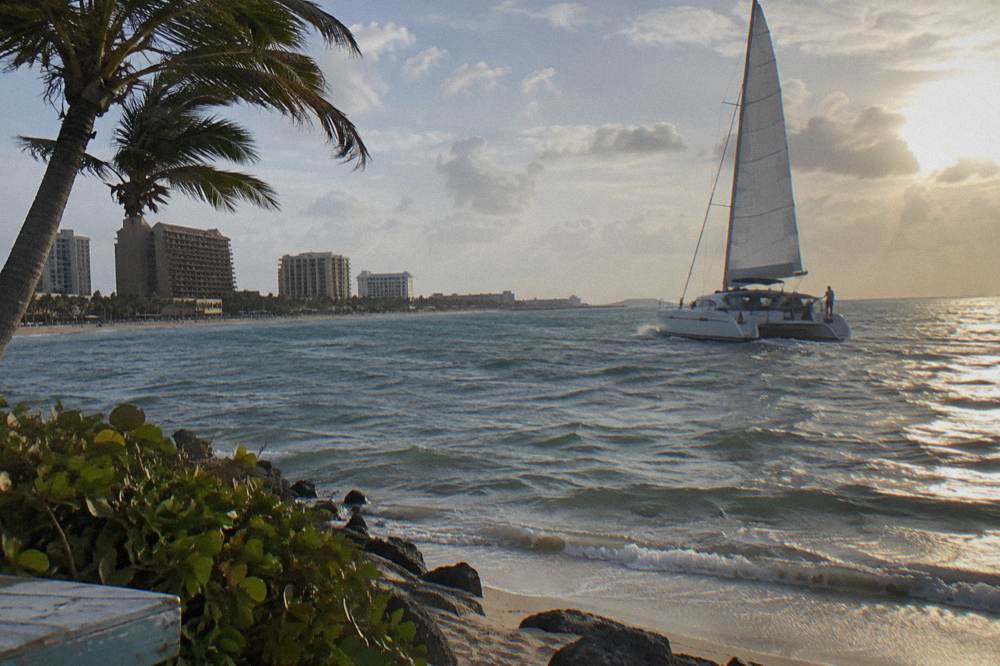 Catamaran under sail on calm water as the sun sets over the sea horizon