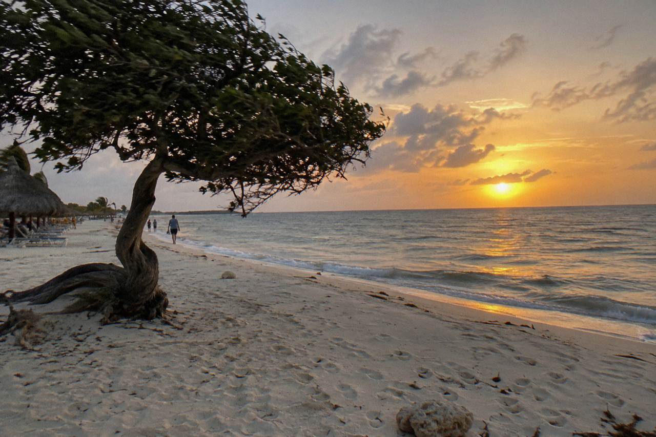 Sun sinking into the Caribbean Sea beyond a quiet stretch of white sand on Aruba's west coast