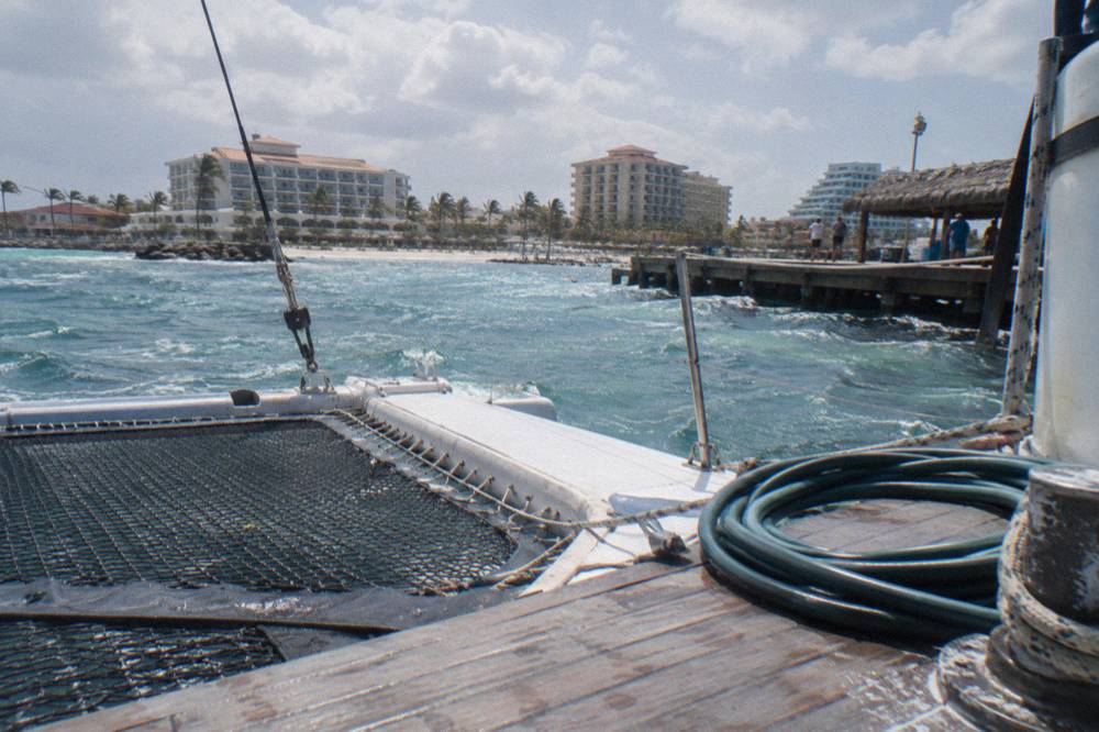 A wooden catamaran deck with nets and rigging in late afternoon light