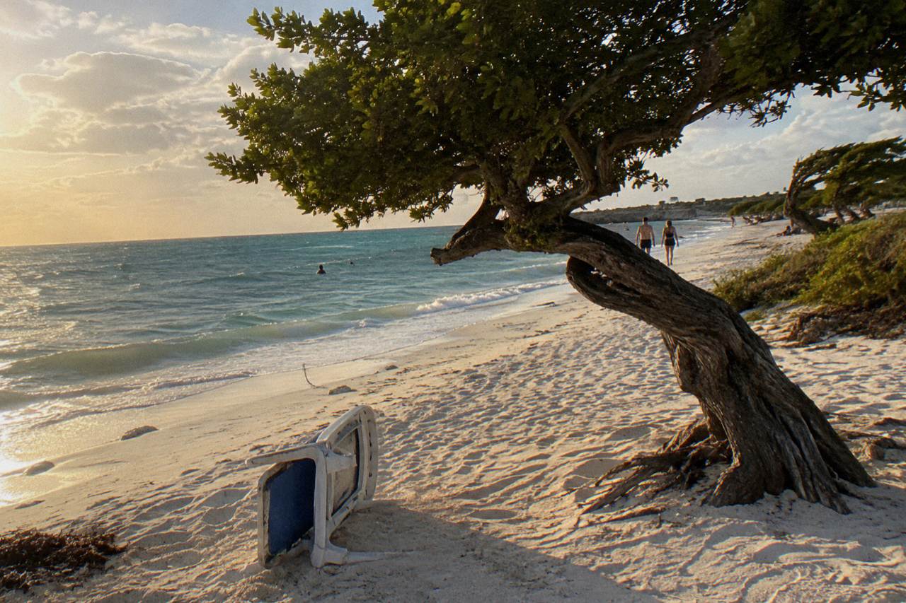 Calm turquoise water and white sand along Aruba's west coast at golden hour